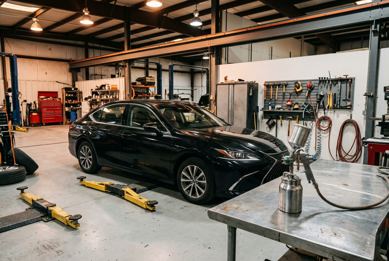 Glossy black sedan beside a paint spray gun in a professional auto body repair shop